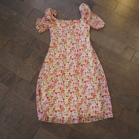 BCBGeneration Fit & Flare Dress Womens 6 Orange Ditsy Floral Puff Short Sleeve - Picture 3 of 12